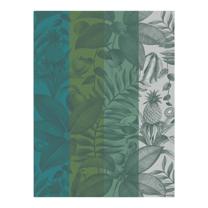 Le Jacquard Francais Torchon Fruits Exotiques Palmier Vert Turquoise Bleu