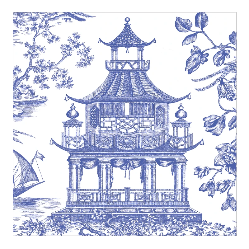 Caspari Serviette de table Chinoiserie Toile Pagoda Blue Bleu